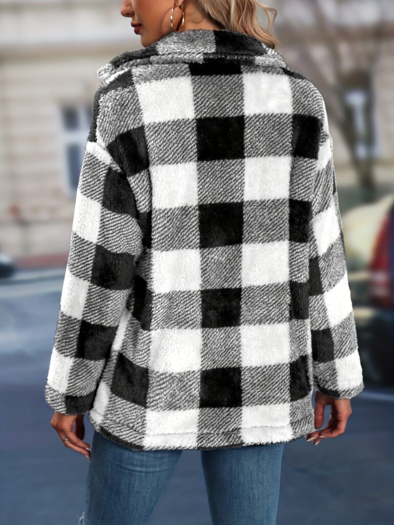 Womens European And American-style Tartan-patterned Lapel Flannel Coat