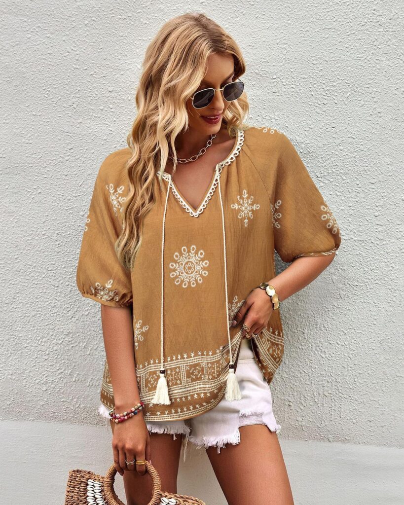 Bohemian Casual V-neck Short-sleeve Printed Blouse
