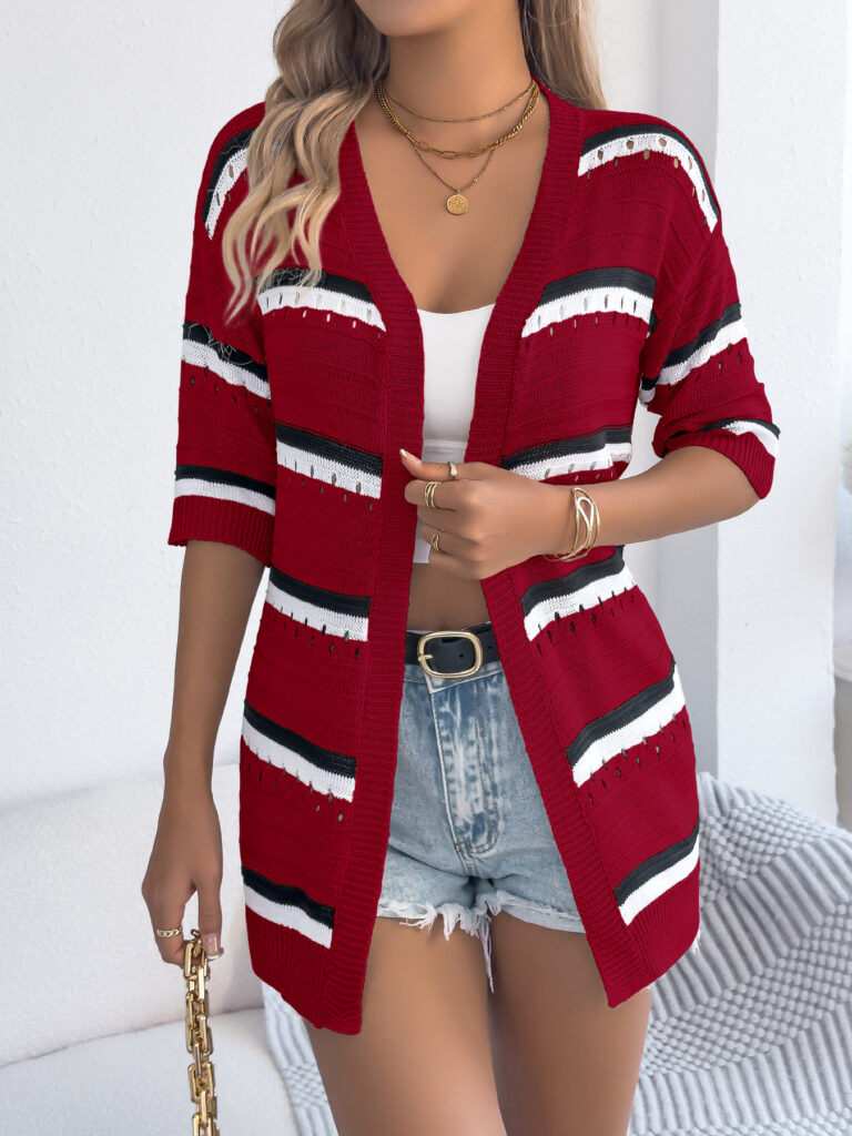 Womens Casual Striped Hollowed-Out Knitted Top With Three-Quarter Sleeves