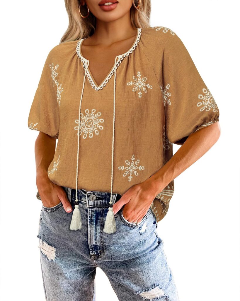 Bohemian Casual V-neck Short-sleeve Printed Blouse