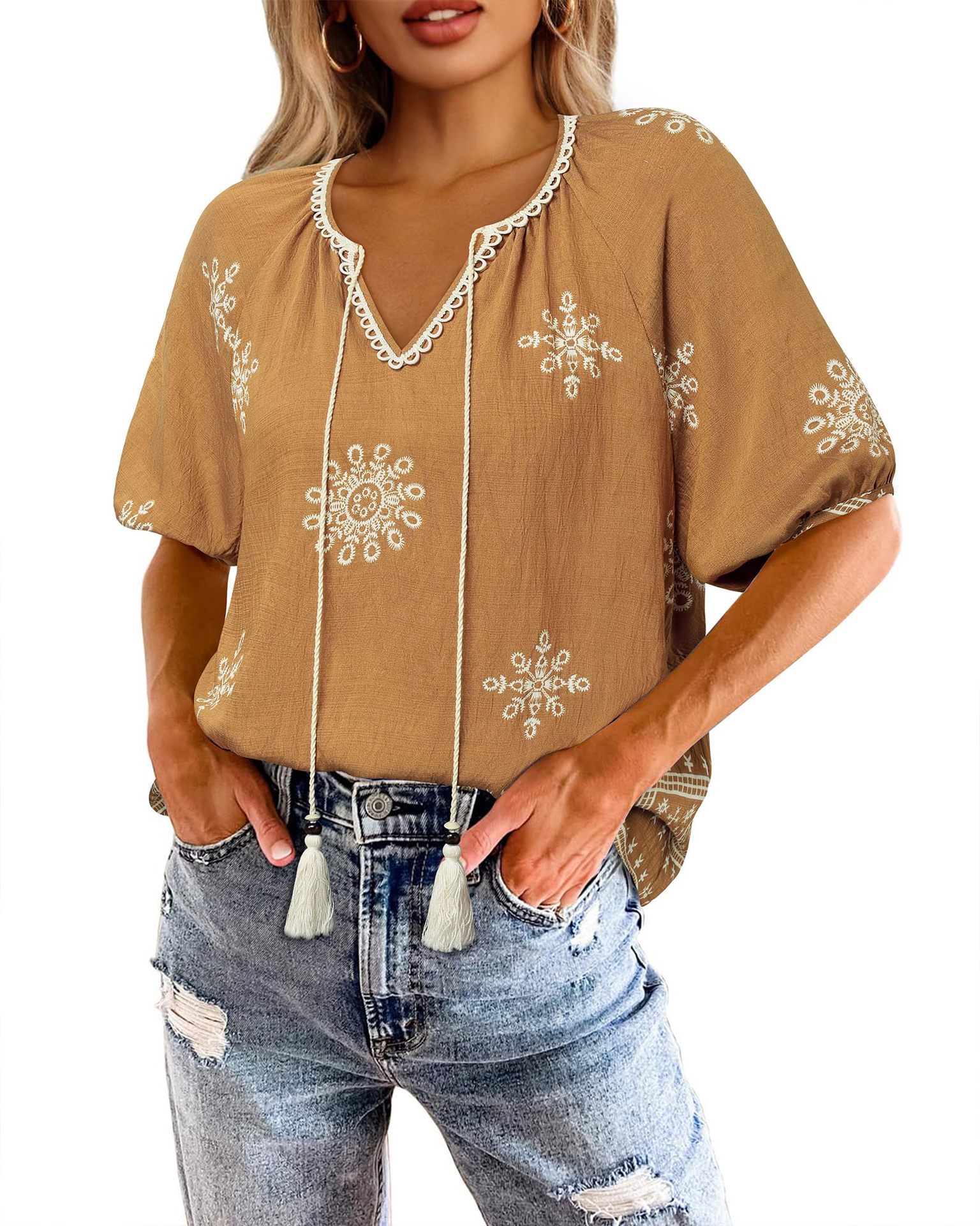 Bohemian Casual V-neck Short-sleeve Printed Blouse - Image 21