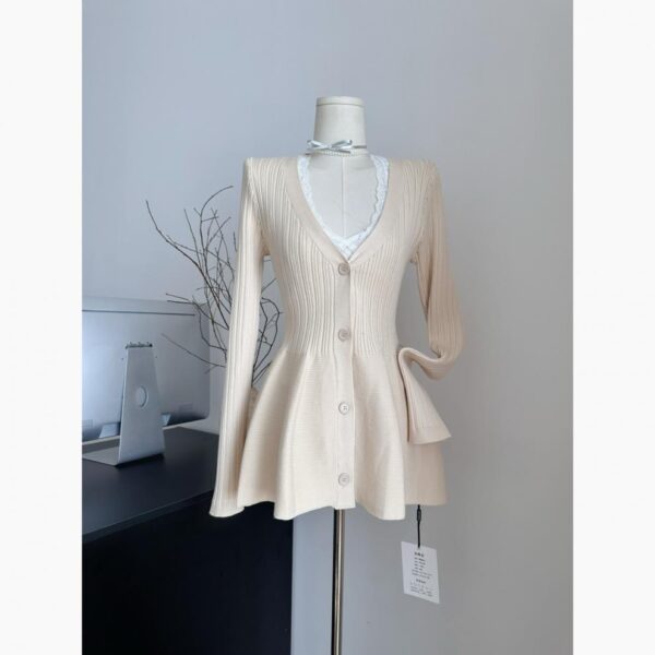Navy Blue Waist-Cinching Low-Neck All-Match Long-Sleeve V-Neck Knitted Cardigan - Image 20