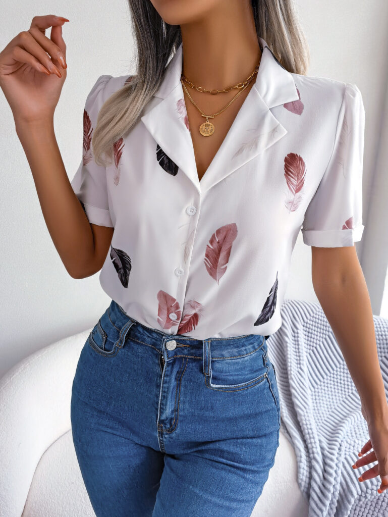 Elegant Womens Blazercollar Feather Top With A RelaxedShortsleeve Design