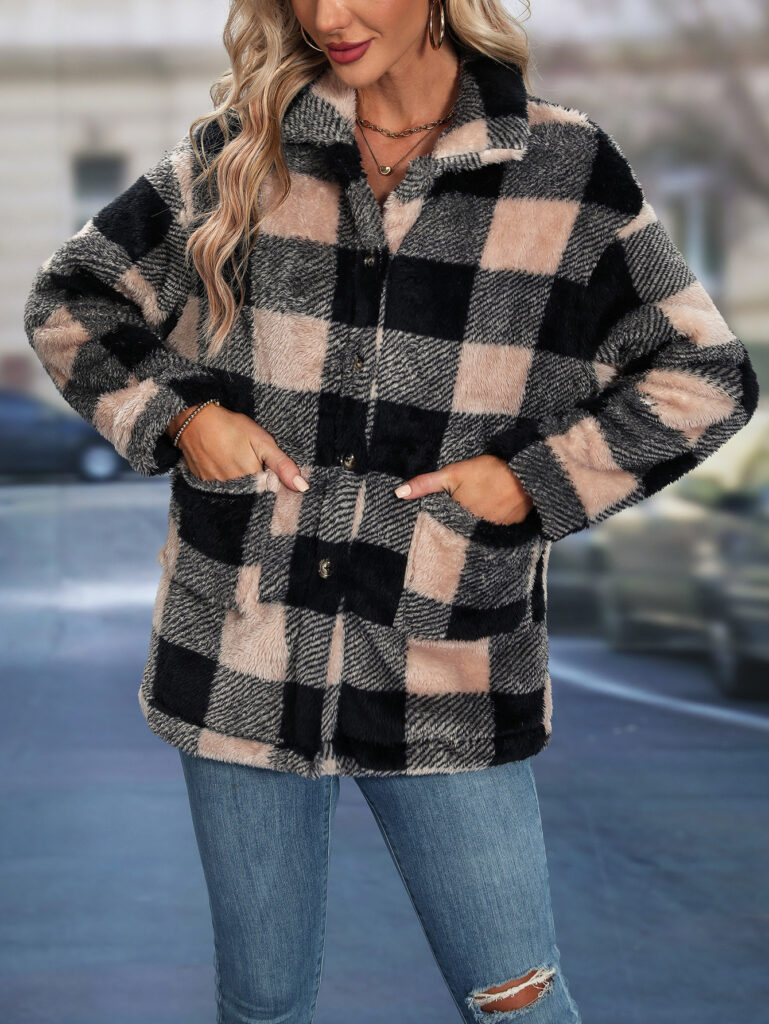 Womens European And American-style Tartan-patterned Lapel Flannel Coat