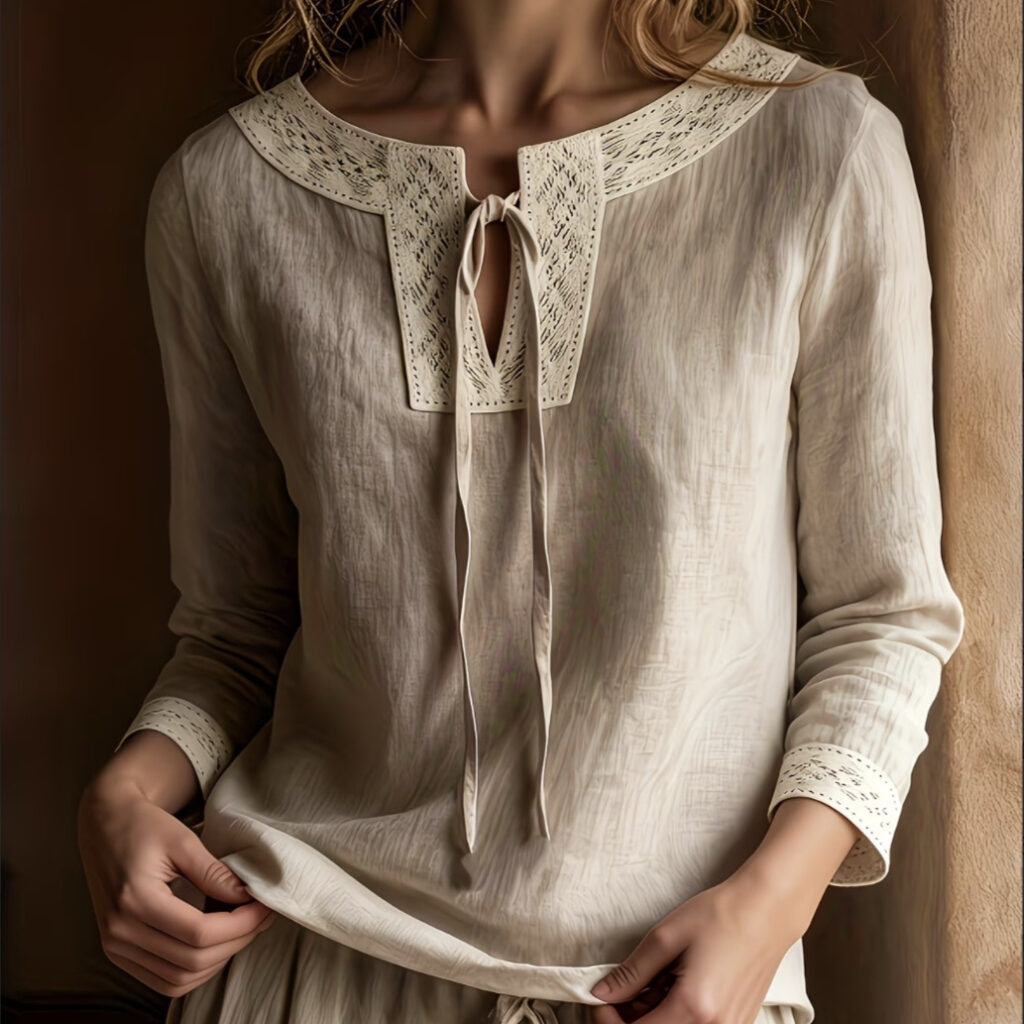 Woman wearing a beige lace-trimmed blouse.