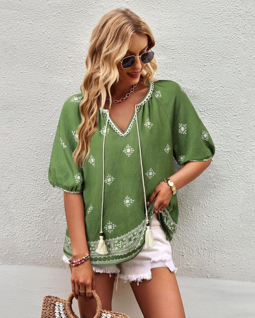 Bohemian Casual V-neck Short-sleeve Printed Blouse