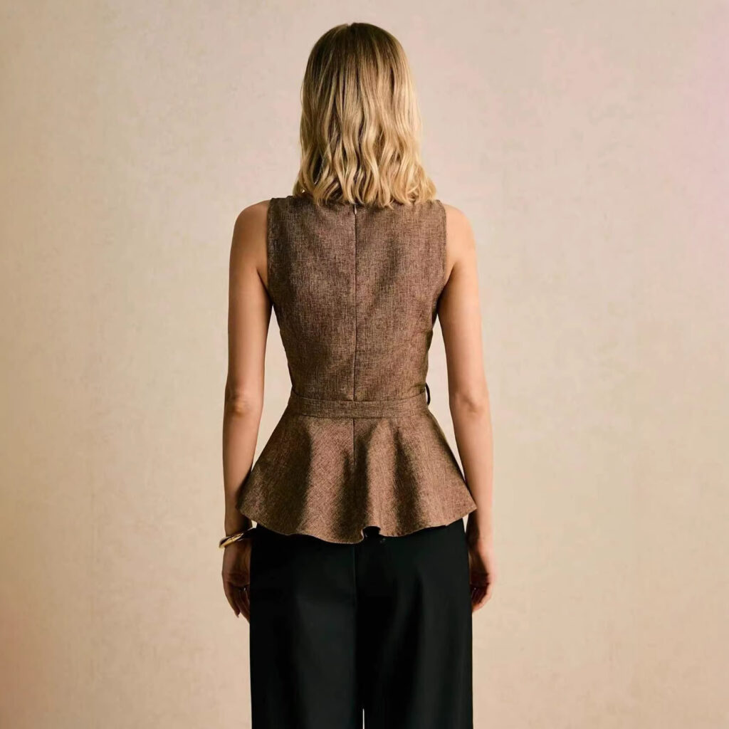 Woman in peplum top, facing away.