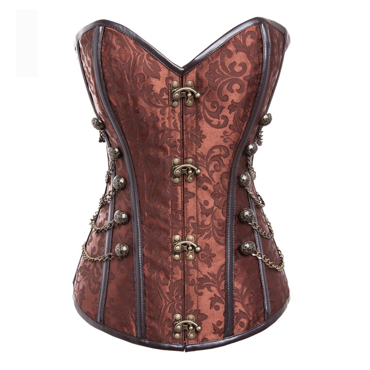 Steampunk corset with intricate patterns and chains.