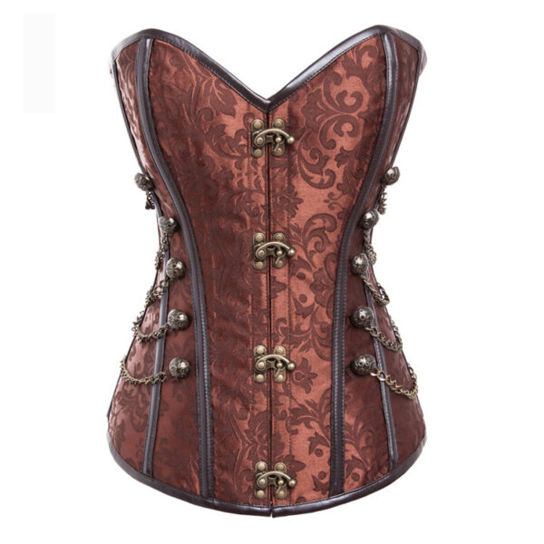 Steampunk corset with ornate details and chains.