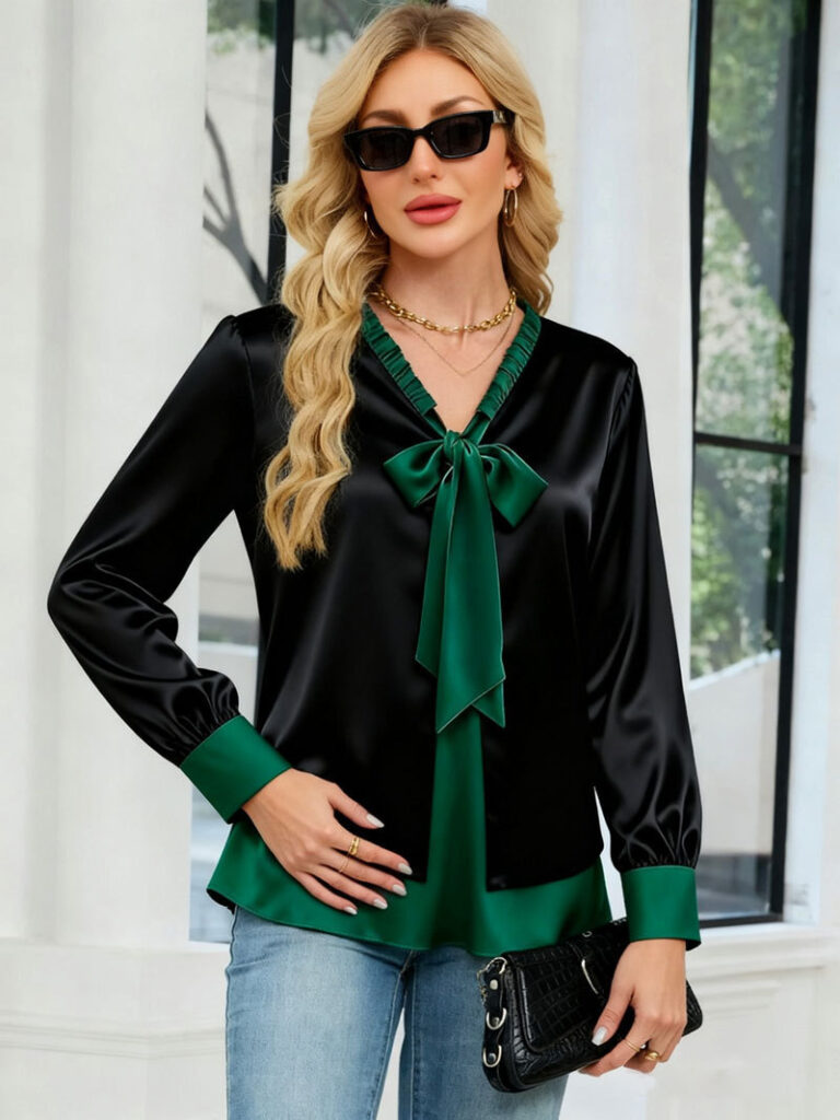 Woman in black blouse with sunglasses.