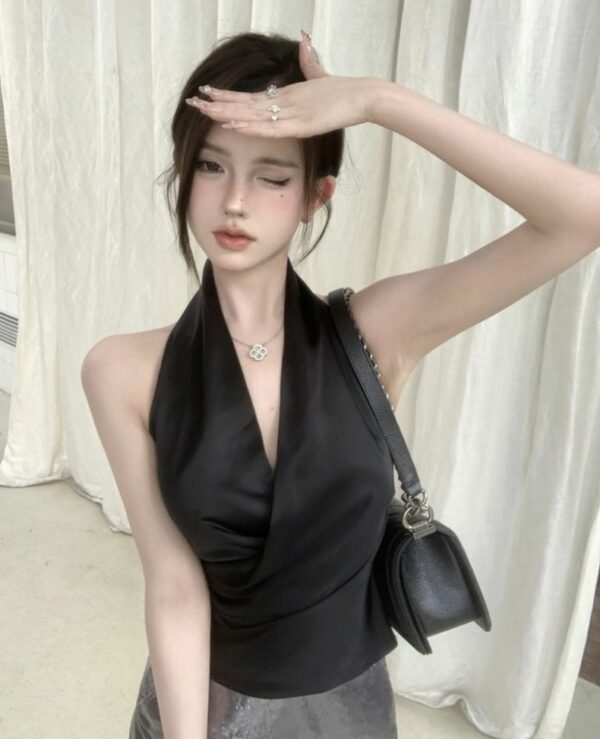 Womens Solid Color Minimalism Backless Satin Sleeveless Top - Image 15