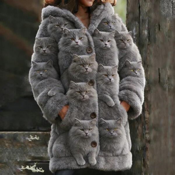 Woman wearing coat made of fluffy cats.