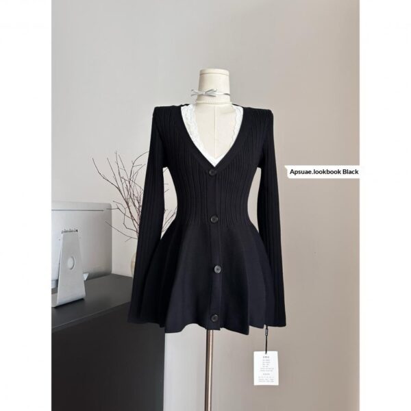 Navy Blue Waist-Cinching Low-Neck All-Match Long-Sleeve V-Neck Knitted Cardigan - Image 27
