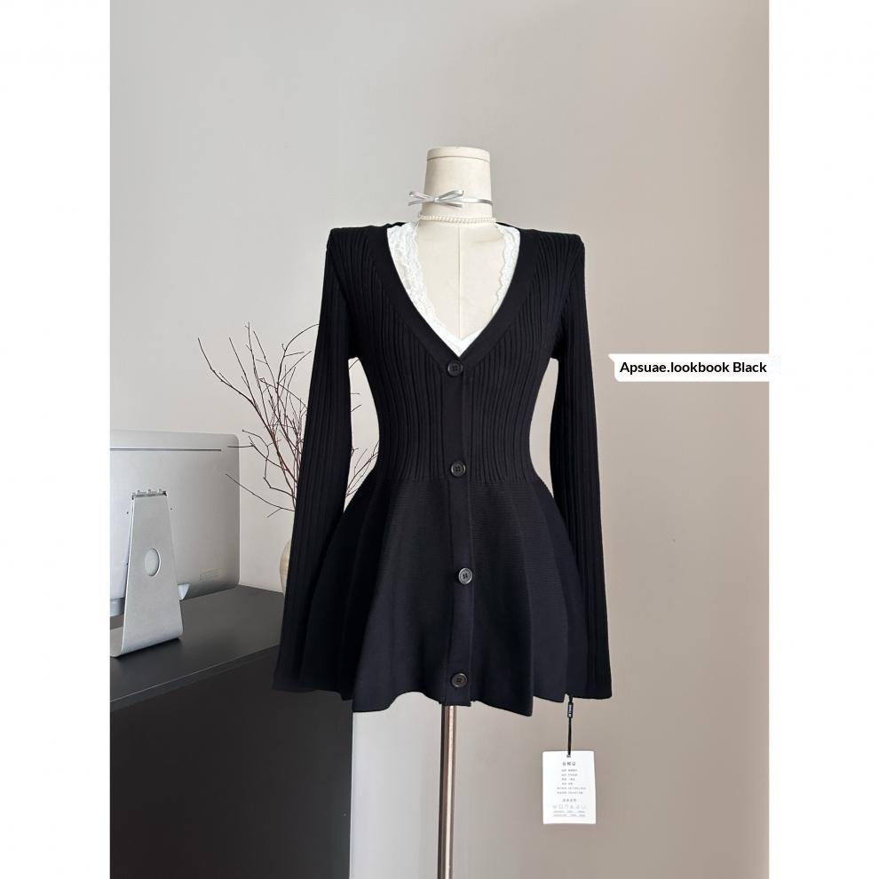 Navy Blue Waist-Cinching Low-Neck All-Match Long-Sleeve V-Neck Knitted Cardigan