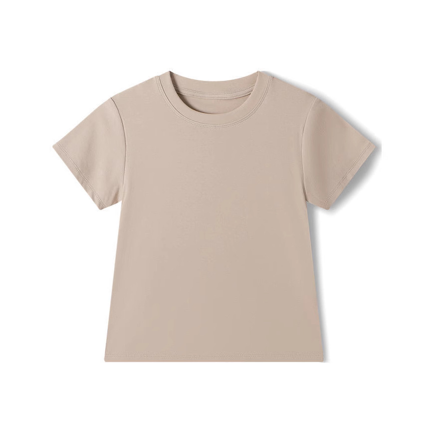 Beige short-sleeve t-shirt on white background.