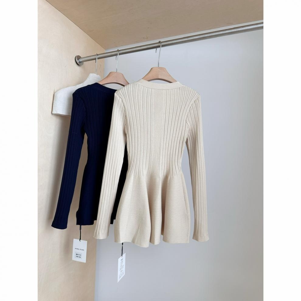 Navy Blue Waist-Cinching Low-Neck All-Match Long-Sleeve V-Neck Knitted Cardigan