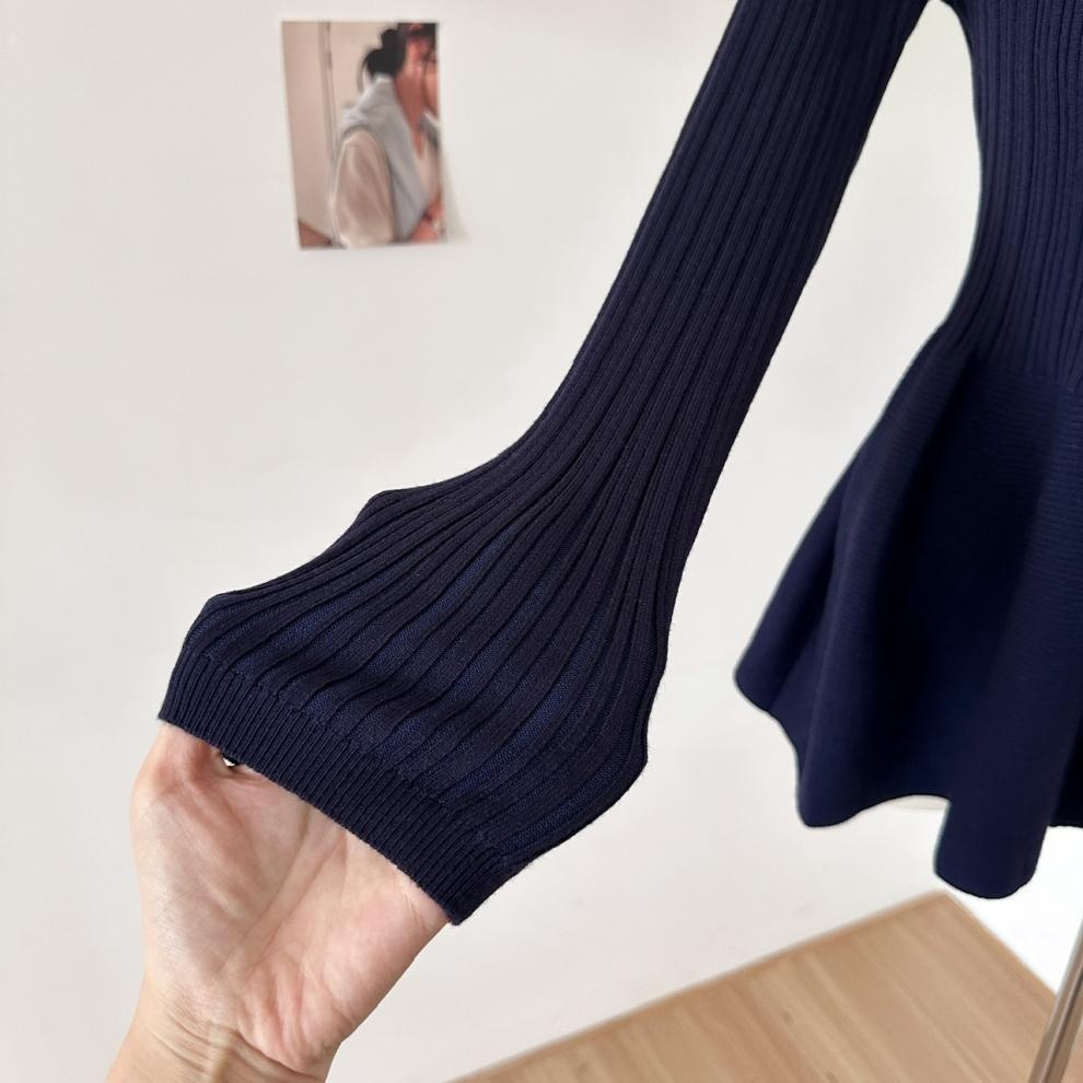 Navy Blue Waist-Cinching Low-Neck All-Match Long-Sleeve V-Neck Knitted Cardigan