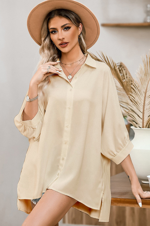 Solid 3/4 Puff Sleeve Oversize Shirt - Image 3