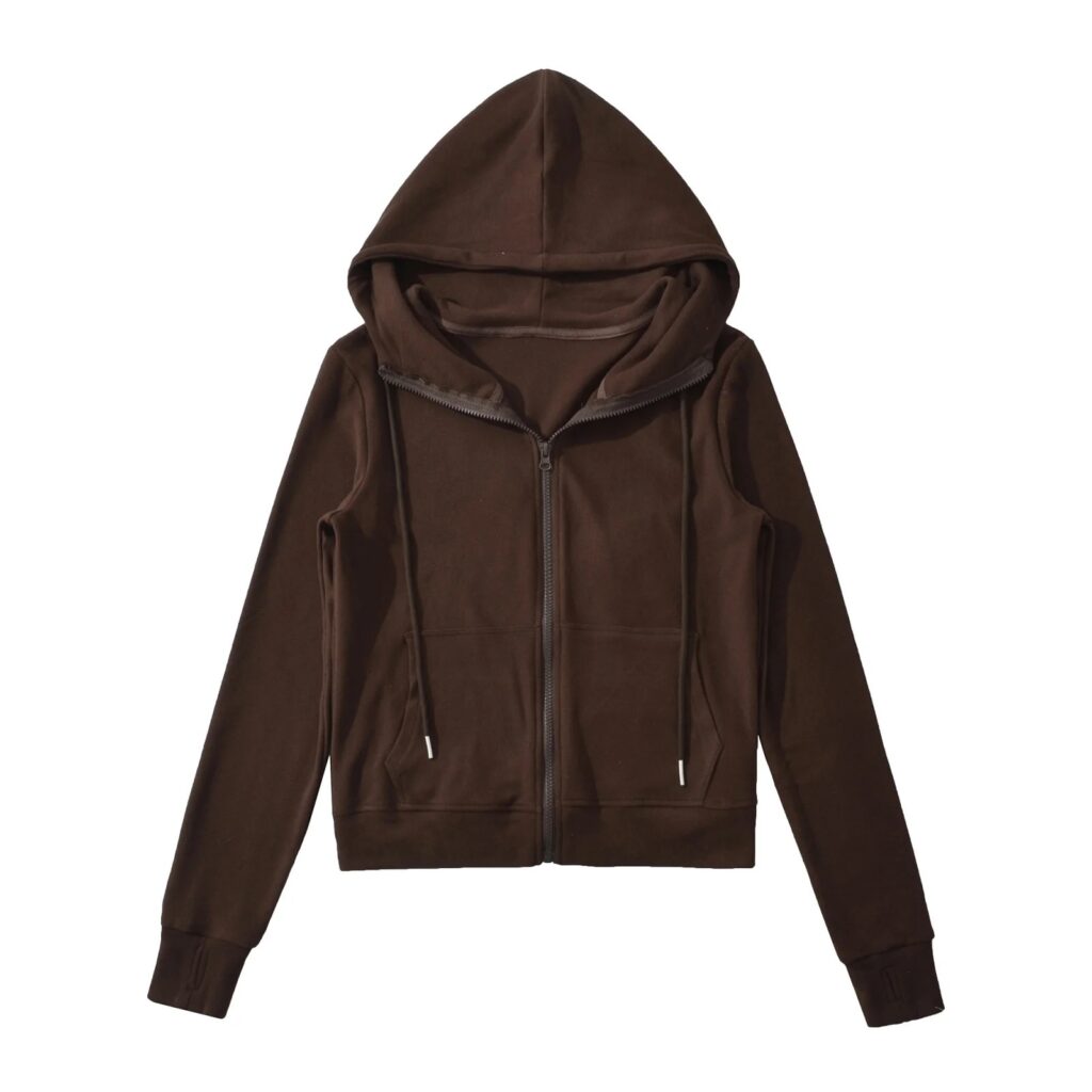 Brown zip-up hoodie with drawstrings.