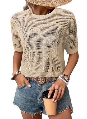 Woman wearing knit top and denim shorts.