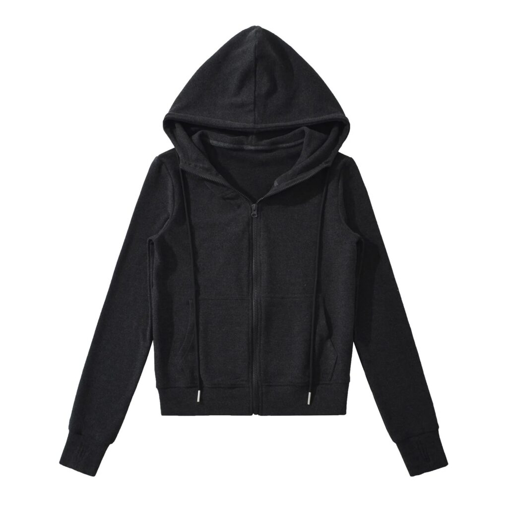 Black zip-up hoodie with hood.
