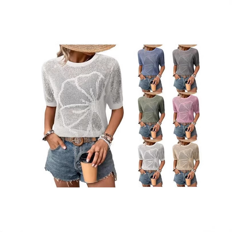 Woman modeling knit top in multiple colors.