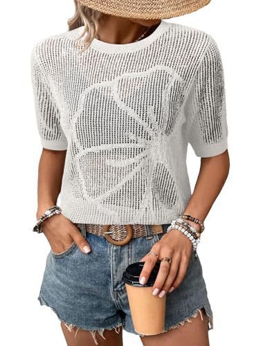 Woman in knitted top and denim shorts.
