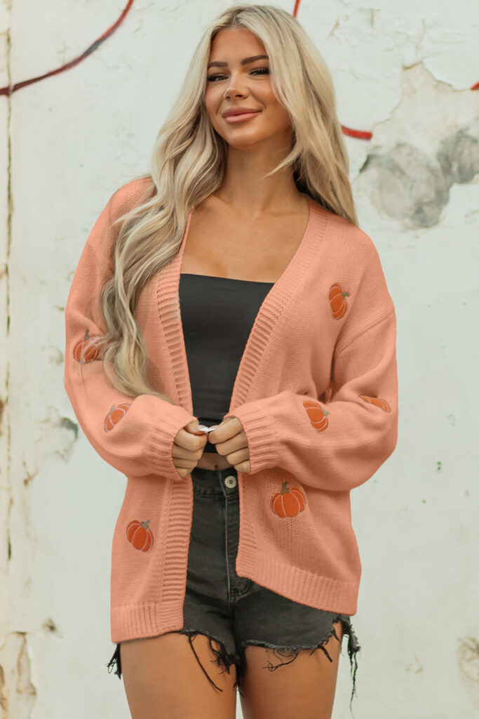 Christmas Tree Pumpkin Open Front Drop Shoulder Cardigan