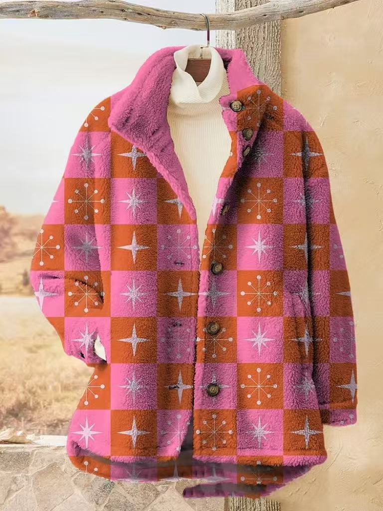 Colorful checkered coat with star patterns displayed.