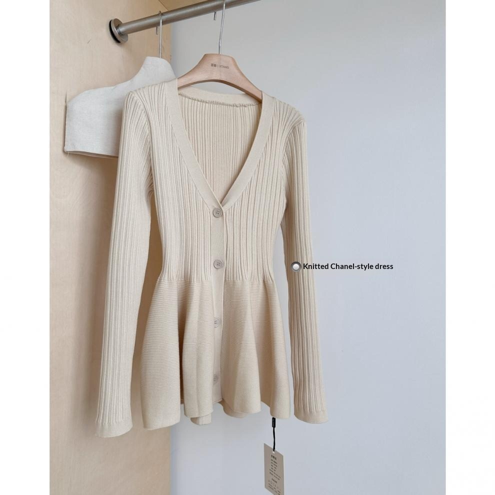 Navy Blue Waist-Cinching Low-Neck All-Match Long-Sleeve V-Neck Knitted Cardigan