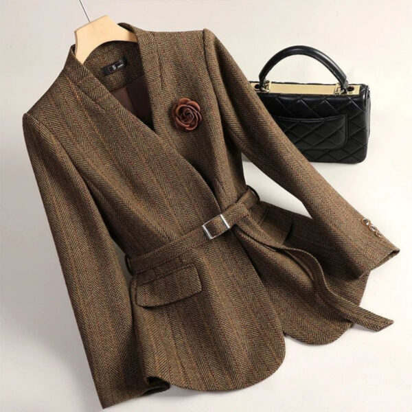 Brown blazer with belt and handbag.