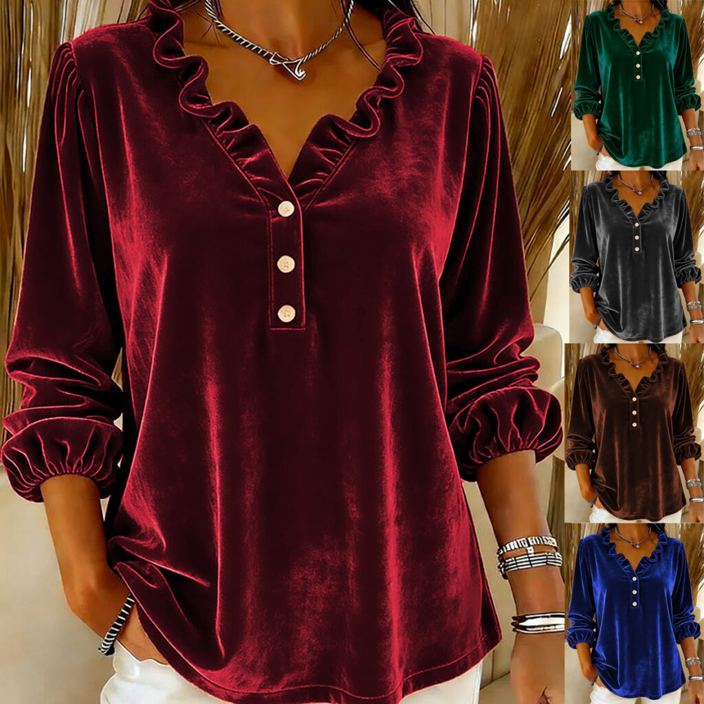 Velvet blouse in various colors on display.