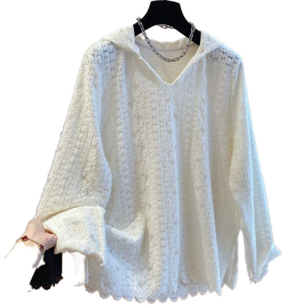 White lace hooded sweater with textured design.