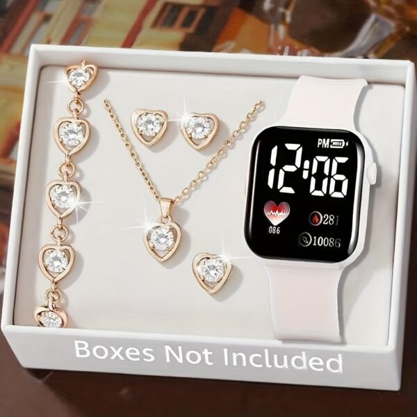 Minimalist And Compact Heart-Shaped Dial Square LED Watch Necklace Earrings Ring Set - Image 2