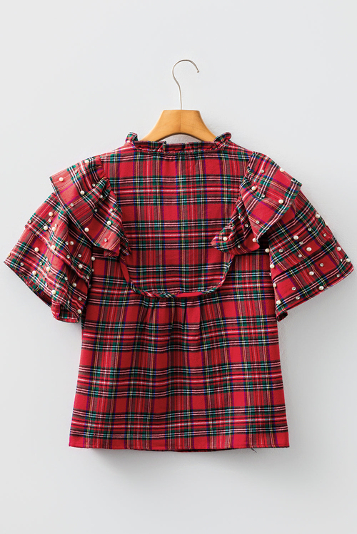 Christmas Plaid Pearl Embellished Ruffle Sleeve Blouse - Image 4