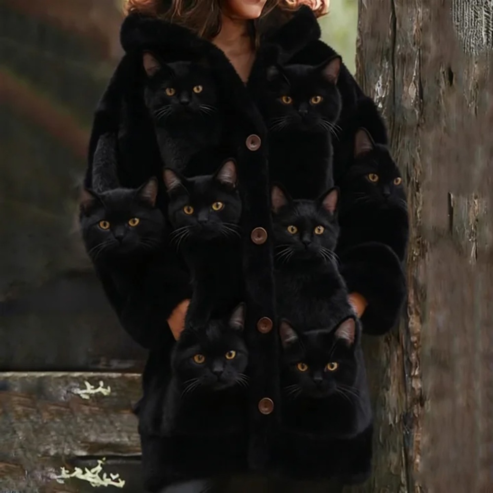 Woman wearing coat with black cat faces.