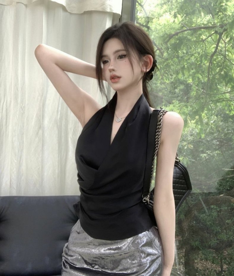 Womens Solid Color Minimalism Backless Satin Sleeveless Top - Image 14