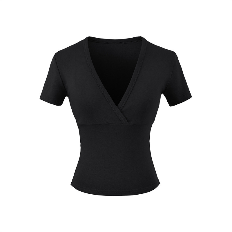 Black V-neck short sleeve crop top.