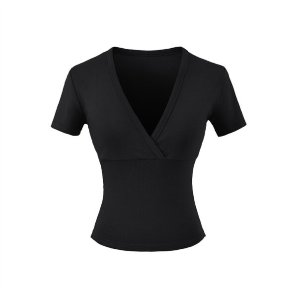 Black short-sleeve V-neck women's top.