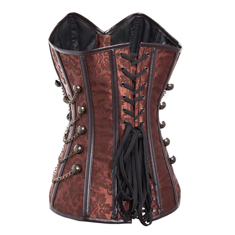 Brown corset with intricate detailing and laces.