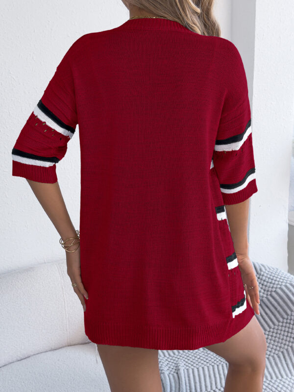 Womens Casual Striped Hollowed-Out Knitted Top With Three-Quarter Sleeves - Image 13