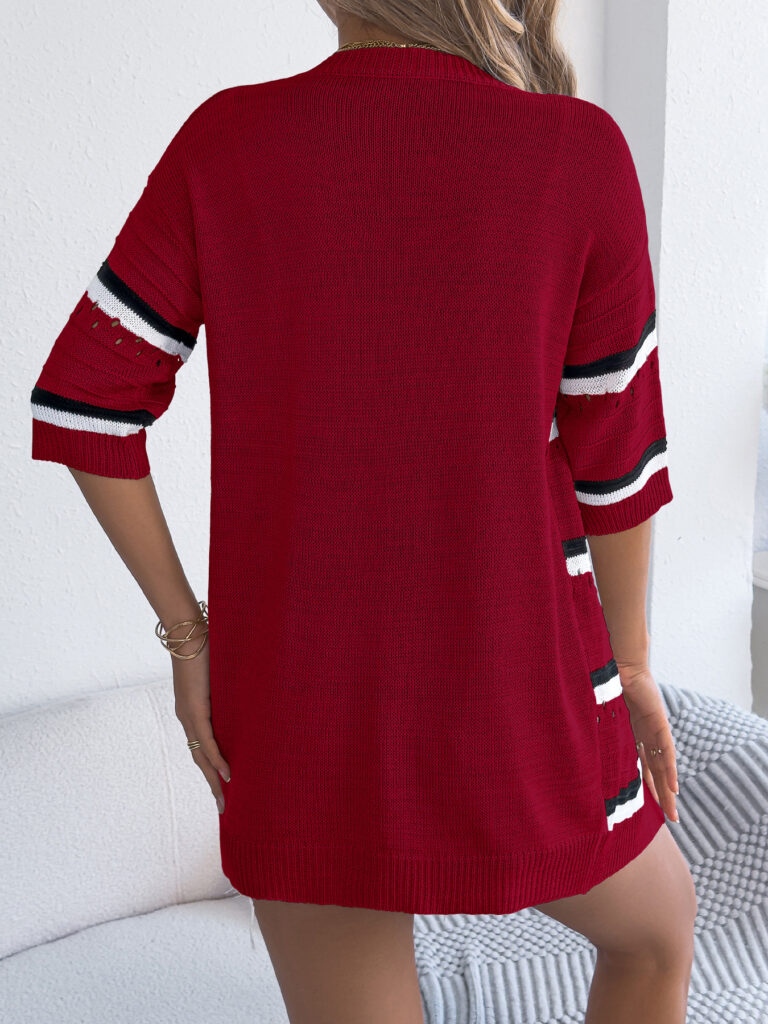 Womens Casual Striped Hollowed-Out Knitted Top With Three-Quarter Sleeves