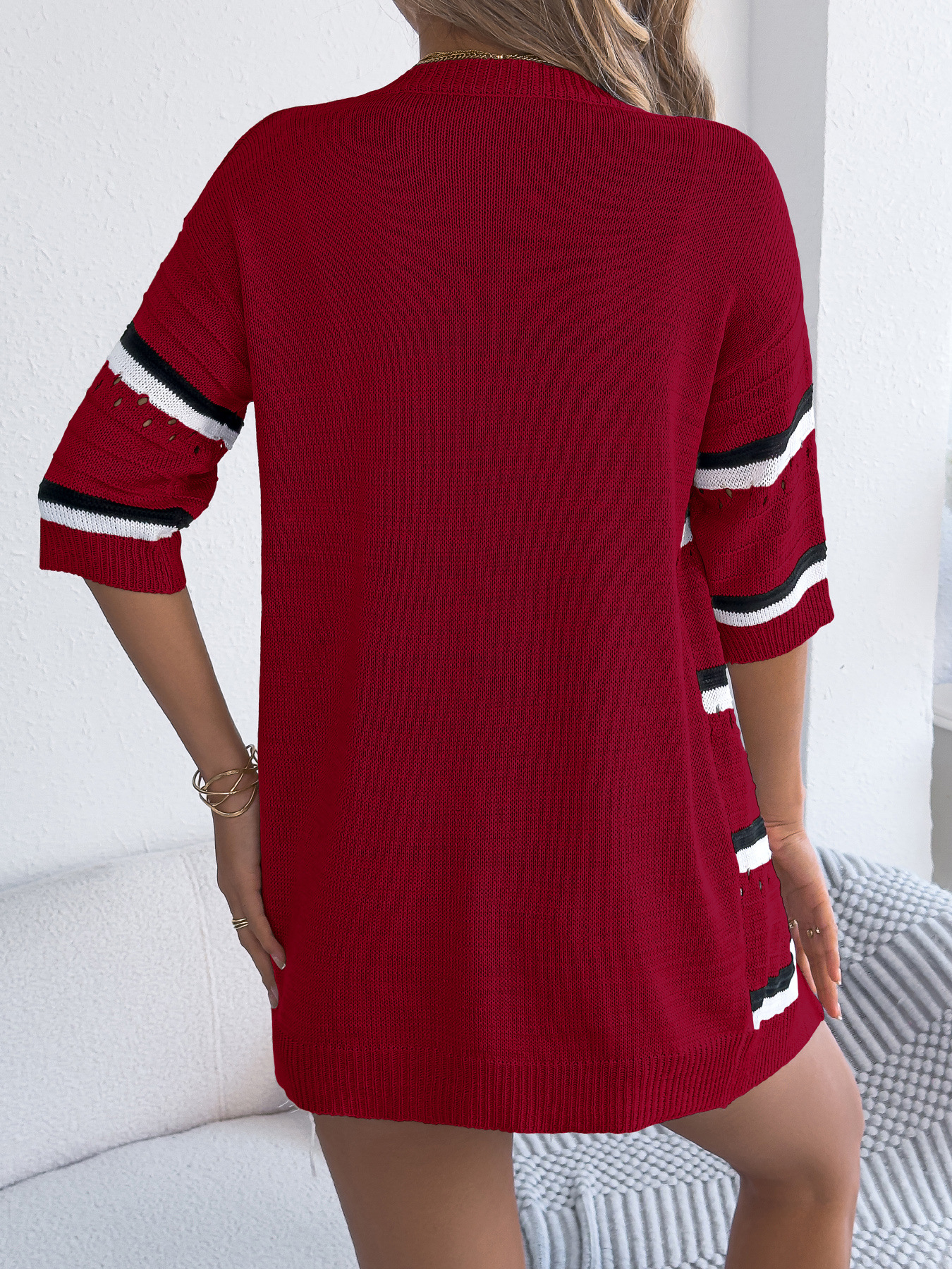 Womens Casual Striped Hollowed-Out Knitted Top With Three-Quarter Sleeves - Image 13