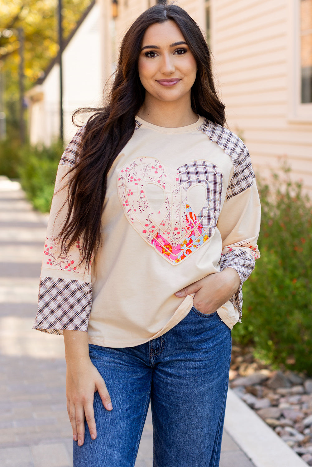 Valentine Heart Plaid Floral Patchwork Long Sleeve Top - Image 11
