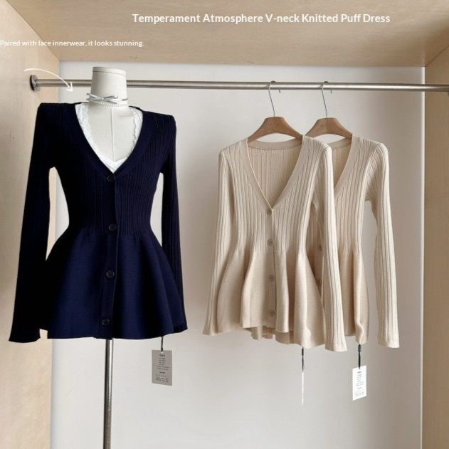 Three V-neck knitted puff dresses displayed.