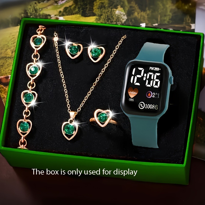 Minimalist And Compact Heart-Shaped Dial Square LED Watch Necklace Earrings Ring Set - Image 8