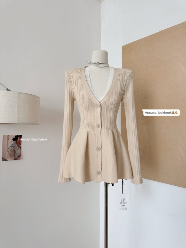 Navy Blue Waist-Cinching Low-Neck All-Match Long-Sleeve V-Neck Knitted Cardigan - Image 11