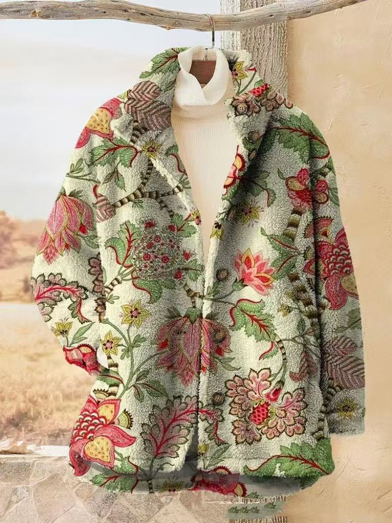 Floral-patterned coat hanging on wooden hanger.