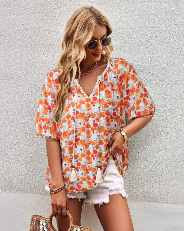 Bohemian Casual V-neck Short-sleeve Printed Blouse - Image 31