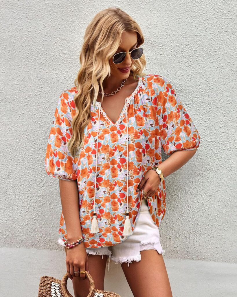 Bohemian Casual V-neck Short-sleeve Printed Blouse